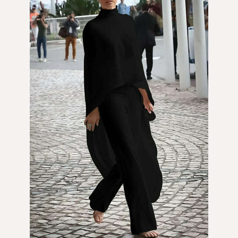 KIMLUD, Yeezzi 2023 New Arrivals Female Solid Color High-Neck High-Low T-Shirt Tops&Pants Stylish Vacation Two Pieces Set For Women, Black / S, KIMLUD APPAREL - Womens Clothes