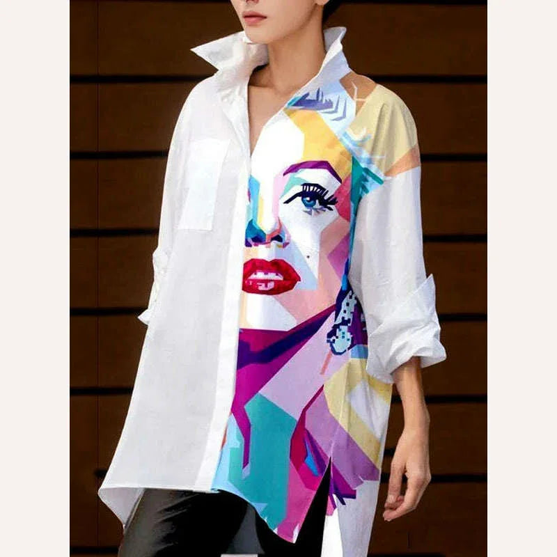KIMLUD, Yeezzi 2023 New Female Stylish Figure Printed Lapel White Blouses Spring Autumn Long Sleeves Loose Casual Shirts Tops For Women, KIMLUD Womens Clothes