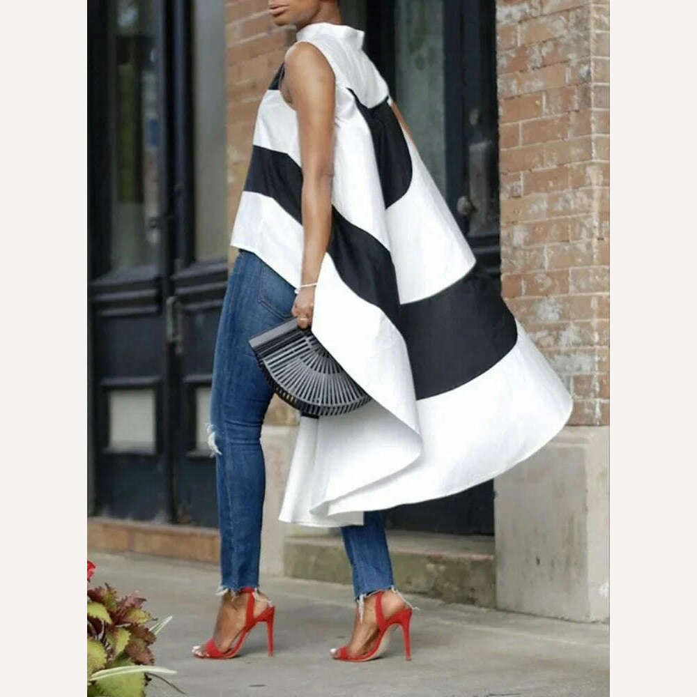 KIMLUD, Yeezzi 2023 Summer New Arrivals Female Fashion Striped High-Low Vest Tops Sleeveless Loose Casual Simple T-shirts For Women, KIMLUD Womens Clothes