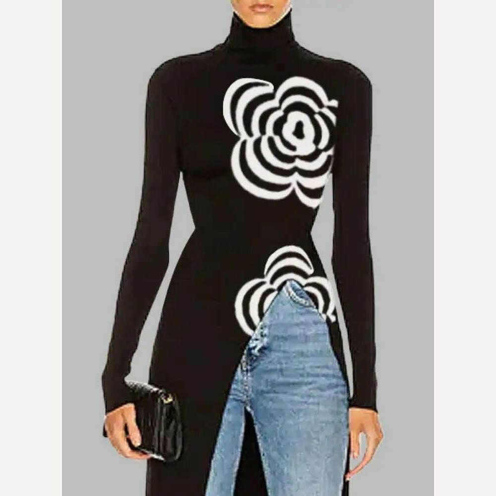 KIMLUD, Yeezzi 2024 Latest Women Fashion Flower Printed Asymmetric Split-Front T-Shirts Spring Autumn Long Sleeves Skinny High Neck Tops, KIMLUD Womens Clothes