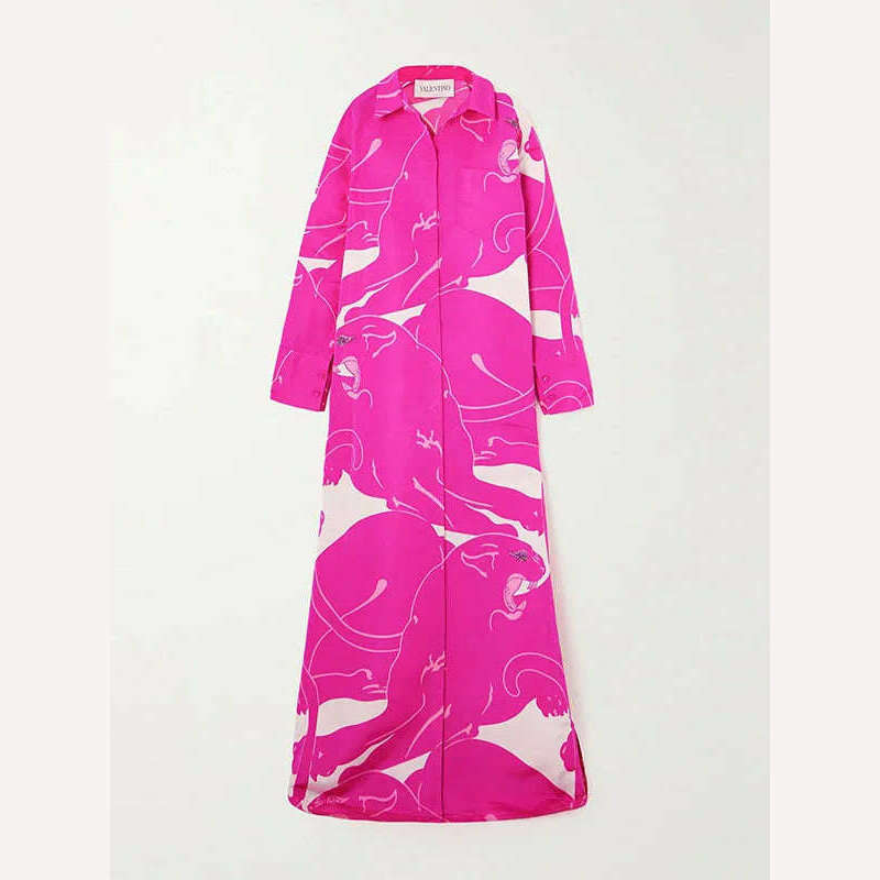 KIMLUD, Yeezzi 2024 New British Style Women Printed Lapel Maxi Dresses Spring Autumn Long Sleeves Single-Breasted Elegant Outerwears, PINK / S, KIMLUD APPAREL - Womens Clothes