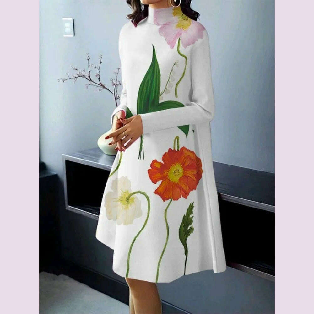Yeezzi 2024 New Spring Autumn Long Sleeves High Neck A-line Dress Women Loose Flower Printed Elegant Party Evening Midi Dresses Yeezzi 2024 New Spring Autumn Long Sleeves High Neck A-line Dress Women Loose Flower Printed Elegant Party Evening Midi Dresses