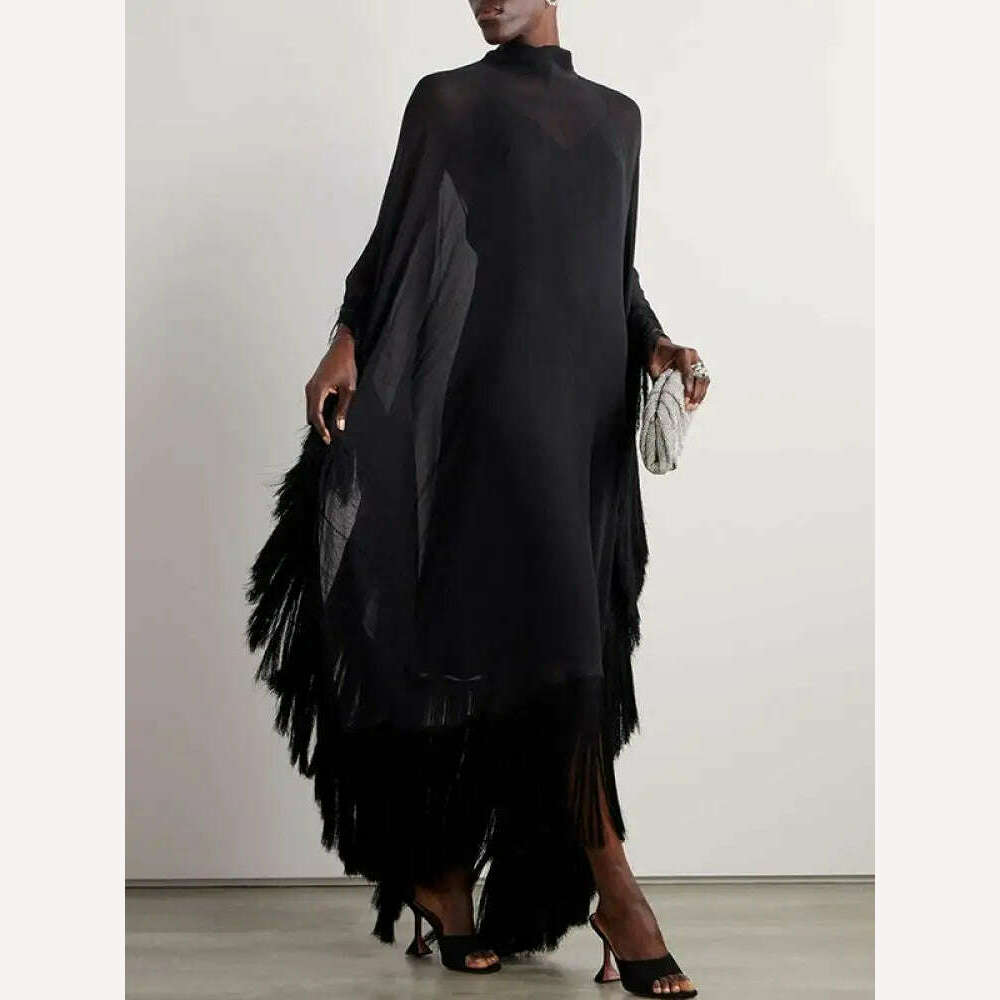 Yeezzi 2024 New Spring Fashion See-Through Tassel Party Dresses Women  Batwing Sleeves Solid Color High-Neck Two Piece Set Dress