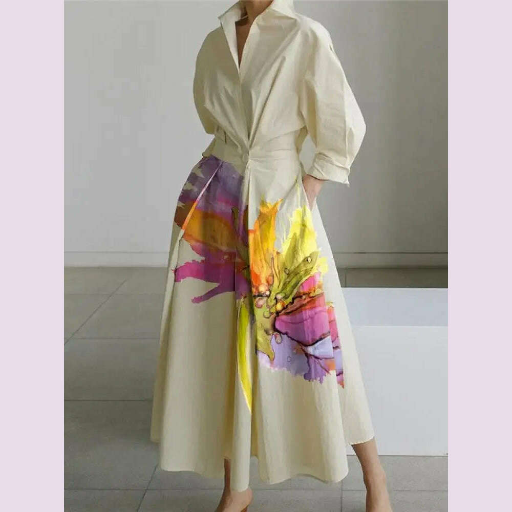 Yeezzi 2024 New Spring Summer Fashion Floral Printed Pleated A-Line Dresses Split-Joint Tied Waist Lapel Shirts Dress For Women Yeezzi 2024 New Spring Summer Fashion Floral Printed Pleated A-Line Dresses Split-Joint Tied Waist Lapel Shirts Dress For Women