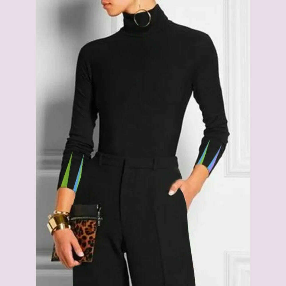 KIMLUD, Yeezzi 2025 New Women Fashion Striped Two Piece Sets Long Sleeves Skinny High Neck Tops Elastic High Waisted Straight Leg Pants, KIMLUD Womens Clothes