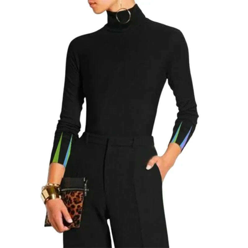 KIMLUD, Yeezzi 2025 New Women Fashion Striped Two Piece Sets Long Sleeves Skinny High Neck Tops Elastic High Waisted Straight Leg Pants, KIMLUD Womens Clothes