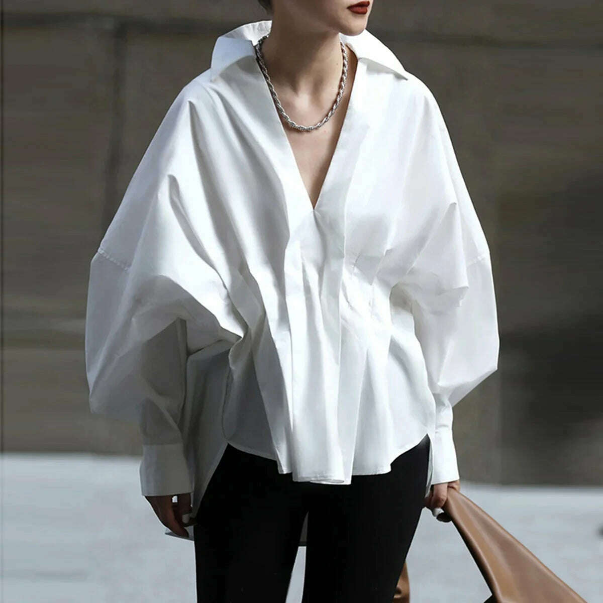 KIMLUD, Yeezzi Fashion Pleated White Blouses Female Casual V-neck Long Sleeves Loose Lapel Collar Shirt Tops For Women 2023 New, KIMLUD Womens Clothes