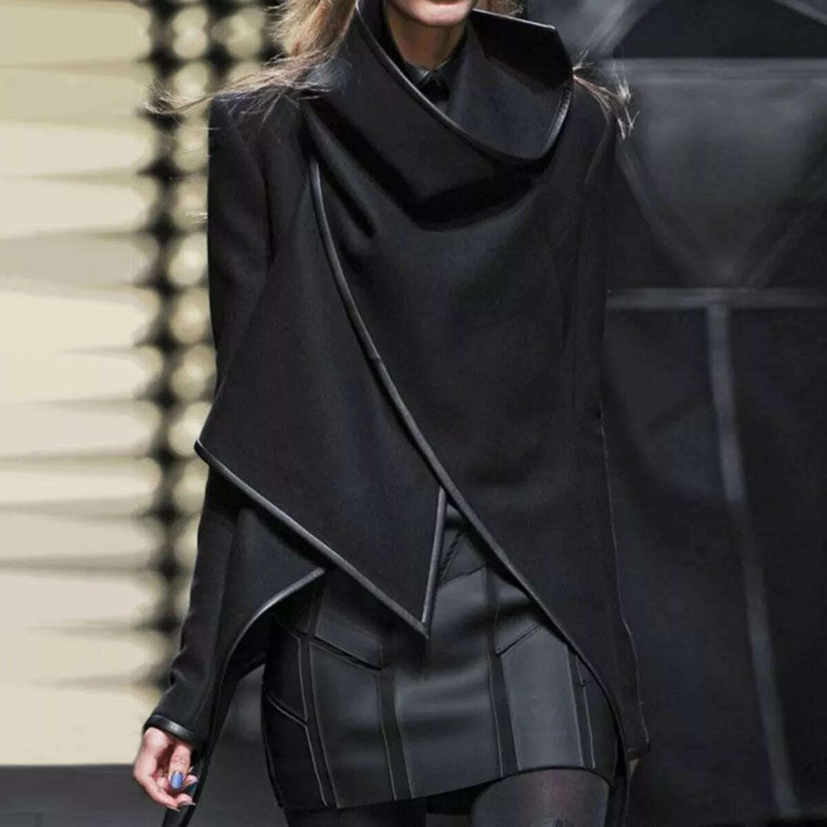 KIMLUD, Yeezzi Female Asymmetric Coats Autumn Winter Fashion High-Neck Long Sleeves Solid Color Split-Joint Coat For Women 2022 New, BLACK / S, KIMLUD APPAREL - Womens Clothes