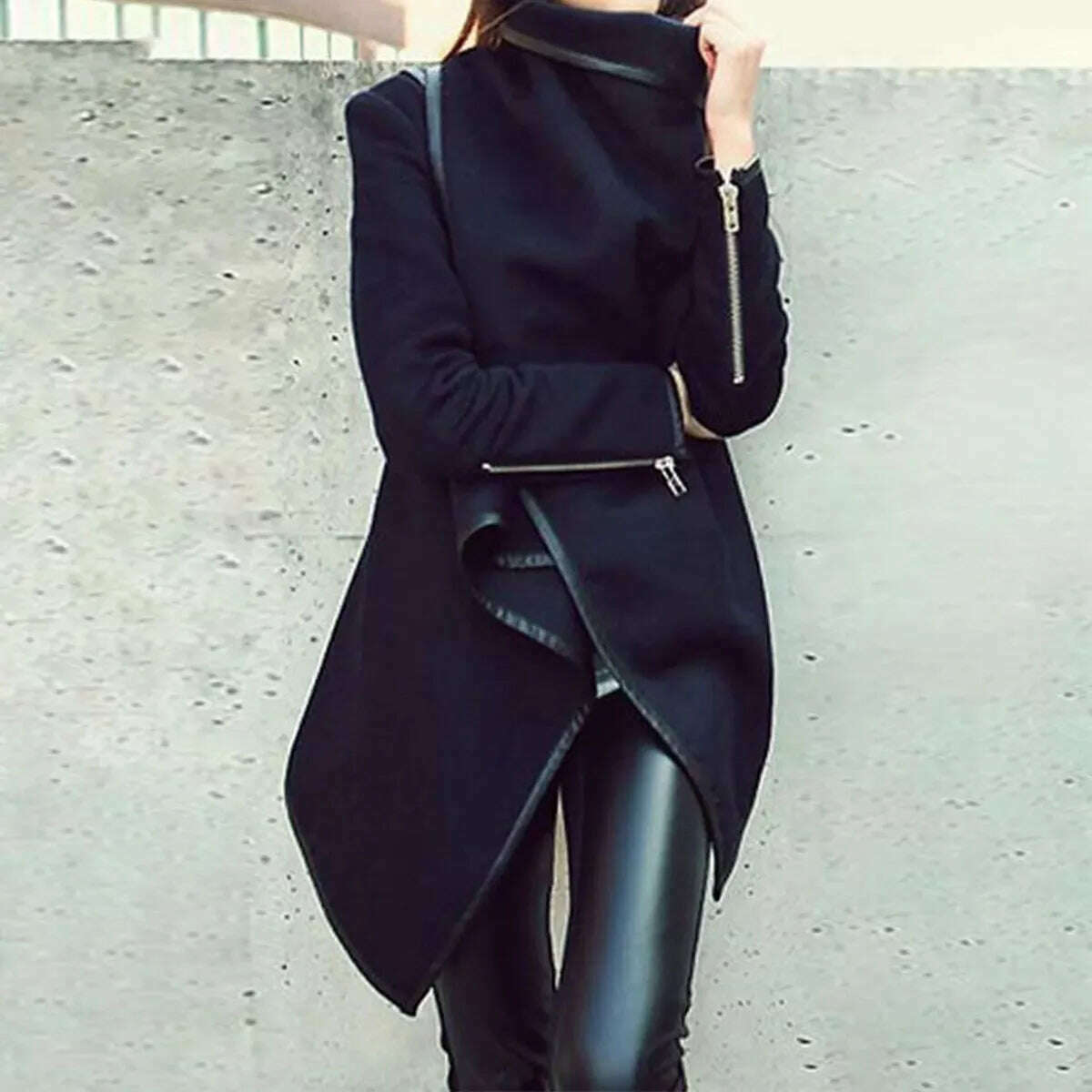 KIMLUD, Yeezzi Female Asymmetric Coats Autumn Winter Fashion High-Neck Long Sleeves Solid Color Split-Joint Coat For Women 2022 New, NAVY BLUE / S, KIMLUD APPAREL - Womens Clothes