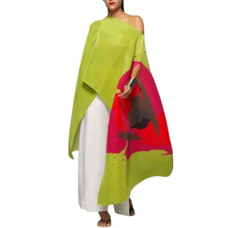 KIMLUD, Yeezzi Female Fashion Asymmetric Contrast Color Printed Off-The-Shoulder T-Shirts 2023 New Summer Batwing Sleeves Elegant Tops, KIMLUD Womens Clothes