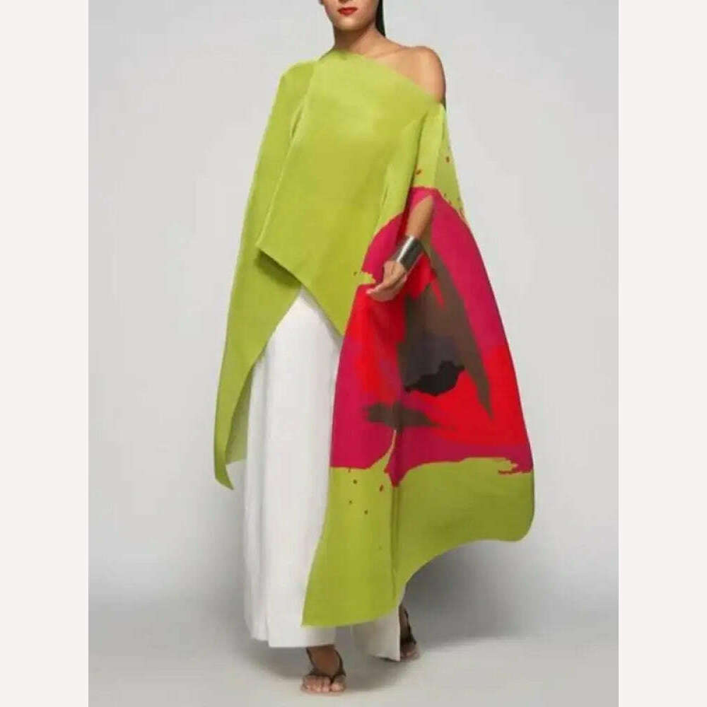 KIMLUD, Yeezzi Female Fashion Asymmetric Contrast Color Printed Off-The-Shoulder T-Shirts 2023 New Summer Batwing Sleeves Elegant Tops, KIMLUD Womens Clothes