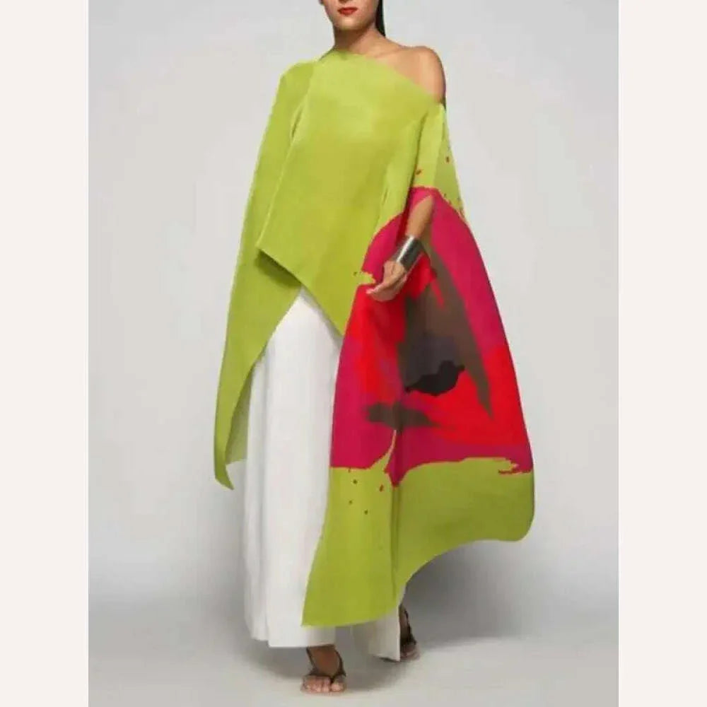 KIMLUD, Yeezzi Female Fashion Asymmetric Contrast Color Printed Off-The-Shoulder T-Shirts 2023 New Summer Batwing Sleeves Elegant Tops, KIMLUD Womens Clothes