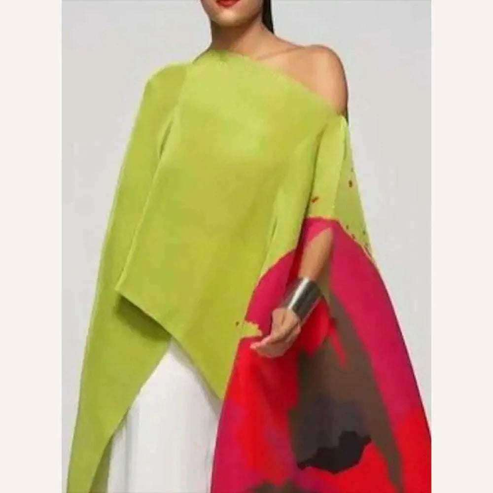 KIMLUD, Yeezzi Female Fashion Asymmetric Contrast Color Printed Off-The-Shoulder T-Shirts 2023 New Summer Batwing Sleeves Elegant Tops, KIMLUD Womens Clothes