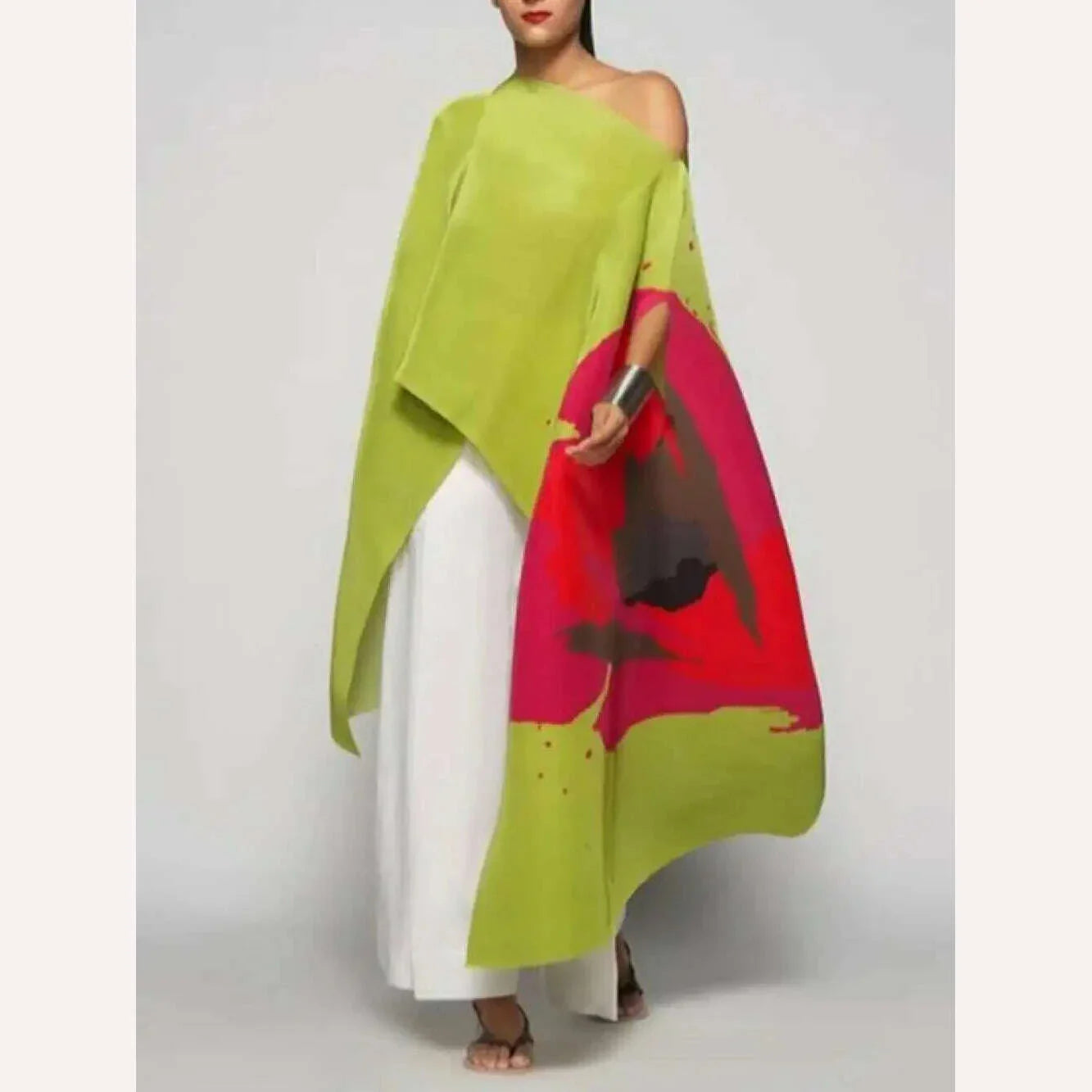 KIMLUD, Yeezzi Female Fashion Asymmetric Contrast Color Printed Off-The-Shoulder T-Shirts 2023 New Summer Batwing Sleeves Elegant Tops, KIMLUD Womens Clothes
