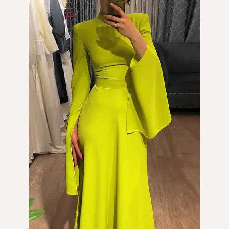 KIMLUD, Yeezzi Female Fashion Ruffle Sleeves Solid Color High-Neck Party Evening A-Line Dress 2024 New Spring Summer Casual Maxi Dresses, Yellow Green / S, KIMLUD Women's Clothes