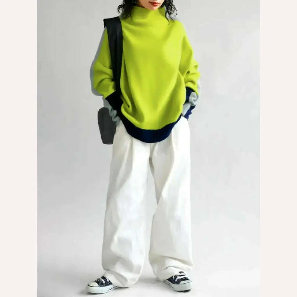 KIMLUD, Yeezzi Female Trendy Contrast Color High Neck Hoodless Pullovers Tops 2023 New Spring Autumn Long Sleeves Casual Sweatshirts, KIMLUD Womens Clothes