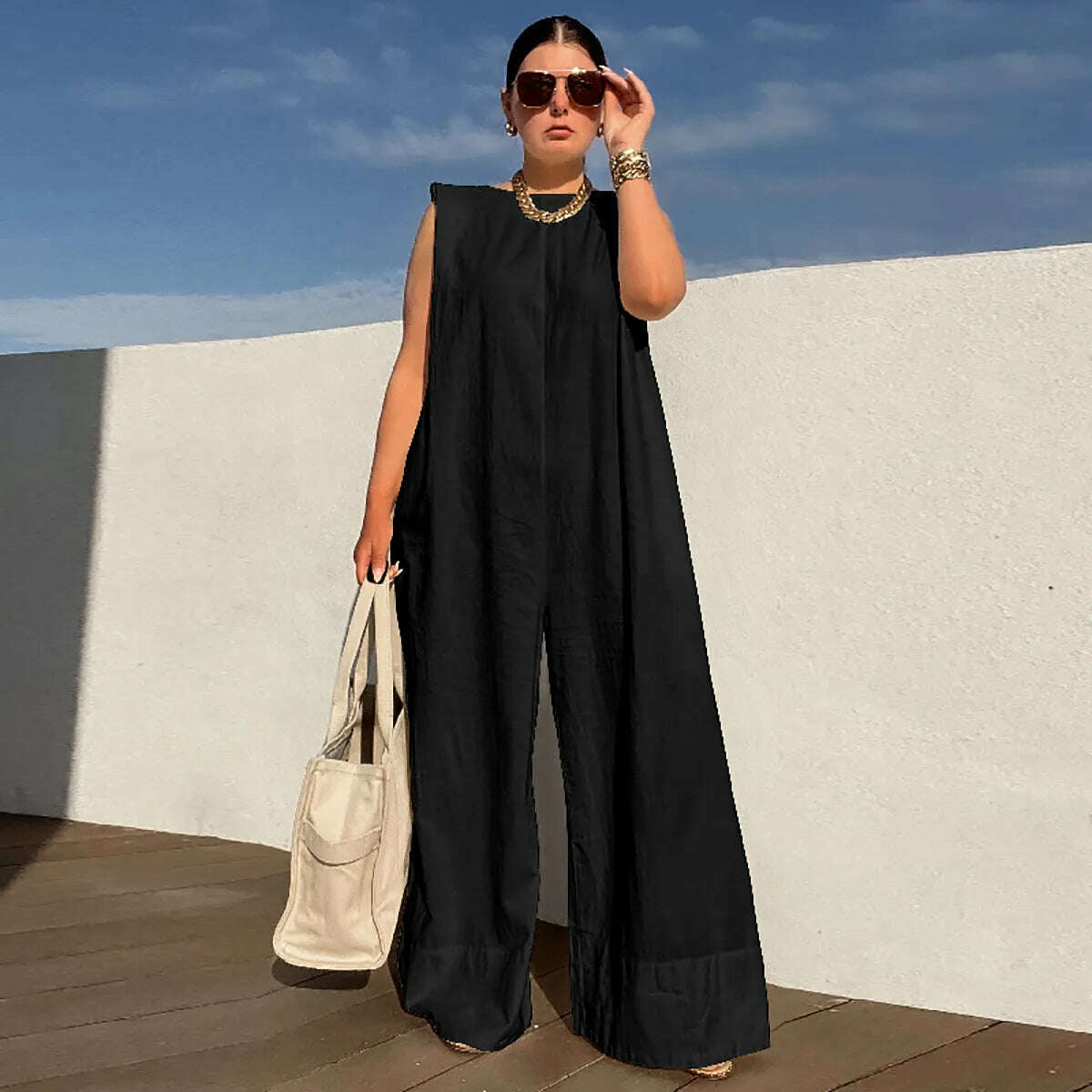Yeezzi Solid Color Sleeveless Wide Leg Fitness Summer Fashion Female Loose White Black Casual Cool Jumpsuits for Women 2022 - KIMLUD