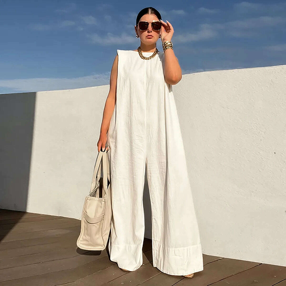 Yeezzi Solid Color Sleeveless Wide Leg Fitness Summer Fashion Female Loose White Black Casual Cool Jumpsuits for Women 2022 - KIMLUD