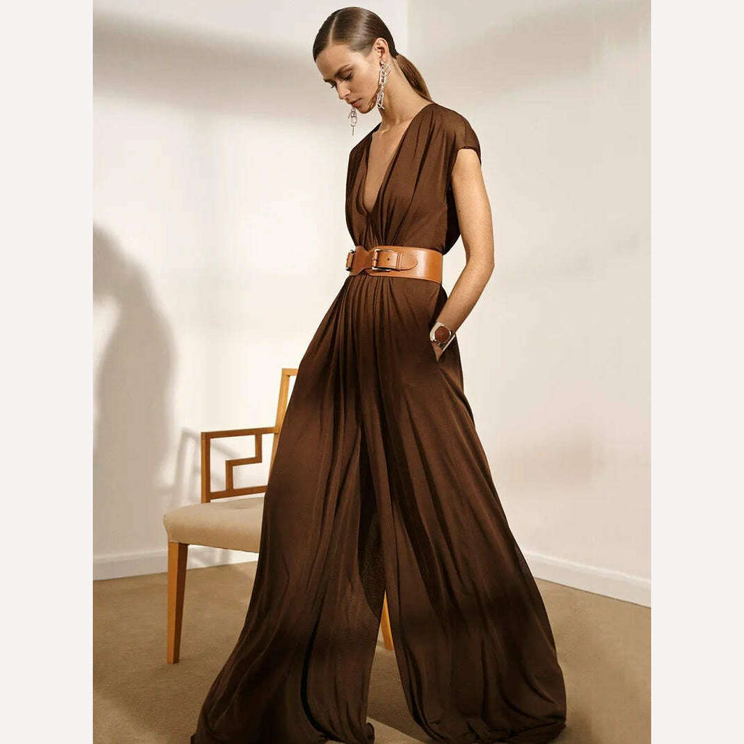 KIMLUD, Yeezzi Urban Stylish Wide Leg Sexy V-Neck Jumpsuits With Belt Fashion Solid Color Causal Loose Jump Suits For Women 2023 Summer, KIMLUD Womens Clothes