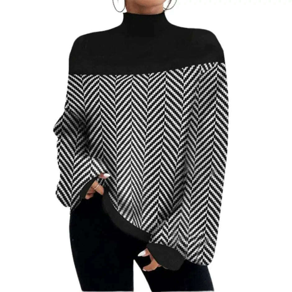 KIMLUD, Yeezzi Women Autumn Winter Turtleneck Sweater Tops Fashion Striped Long Sleeves Loose Split-Joint Casual Pullovers Knitwear, KIMLUD Womens Clothes