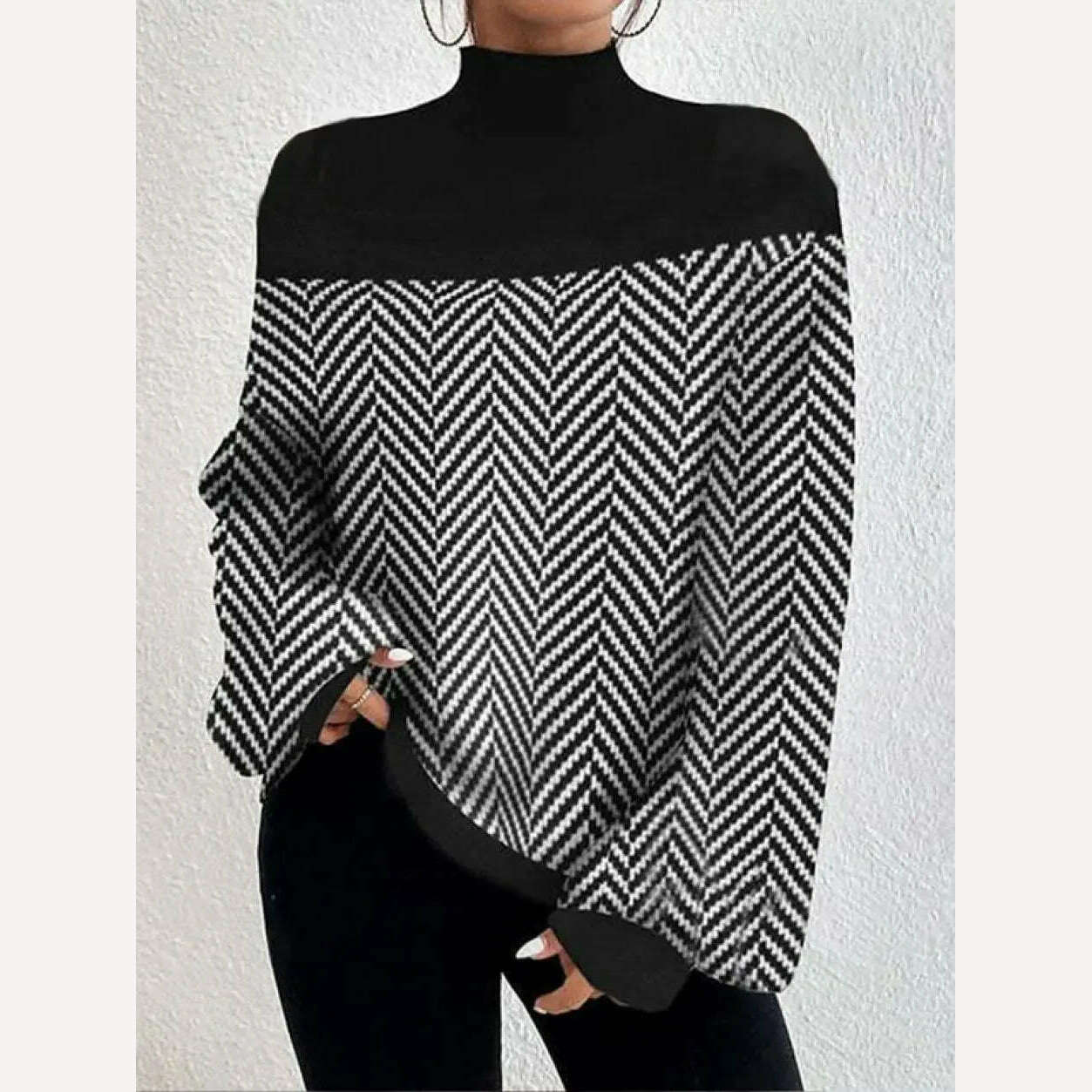 KIMLUD, Yeezzi Women Autumn Winter Turtleneck Sweater Tops Fashion Striped Long Sleeves Loose Split-Joint Casual Pullovers Knitwear, KIMLUD Womens Clothes