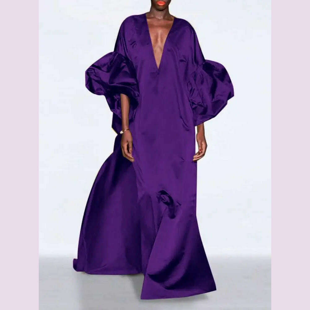 Yeezzi Women Fashion Solid Color Elegant Party Evening Maxi Dresses 2024 Spring Puff Sleeves V-neck Loose Casual Long Dress Robe - KIMLUD