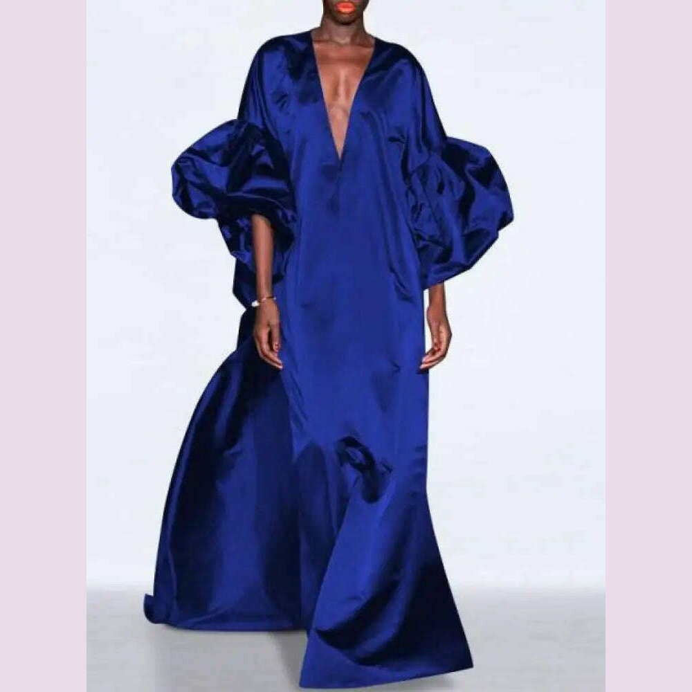 Yeezzi Women Fashion Solid Color Elegant Party Evening Maxi Dresses 2024 Spring Puff Sleeves V-neck Loose Casual Long Dress Robe - KIMLUD
