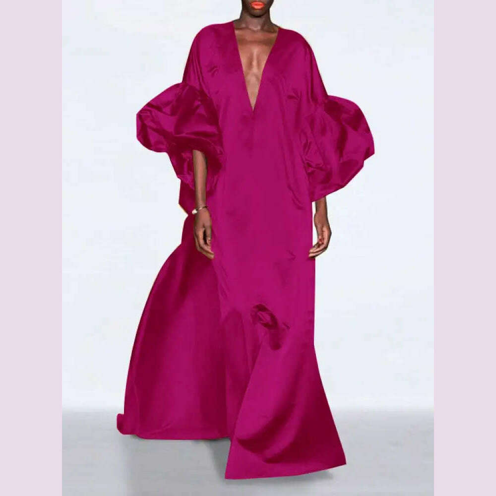 Yeezzi Women Fashion Solid Color Elegant Party Evening Maxi Dresses 2024 Spring Puff Sleeves V-neck Loose Casual Long Dress Robe - KIMLUD