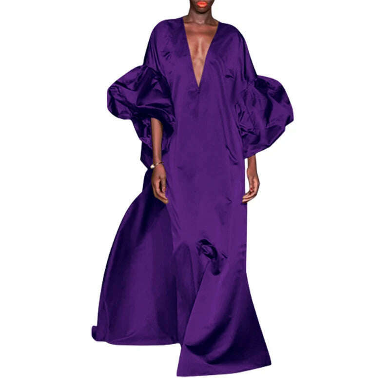 Yeezzi Women Fashion Solid Color Elegant Party Evening Maxi Dresses 2024 Spring Puff Sleeves V-neck Loose Casual Long Dress Robe - KIMLUD