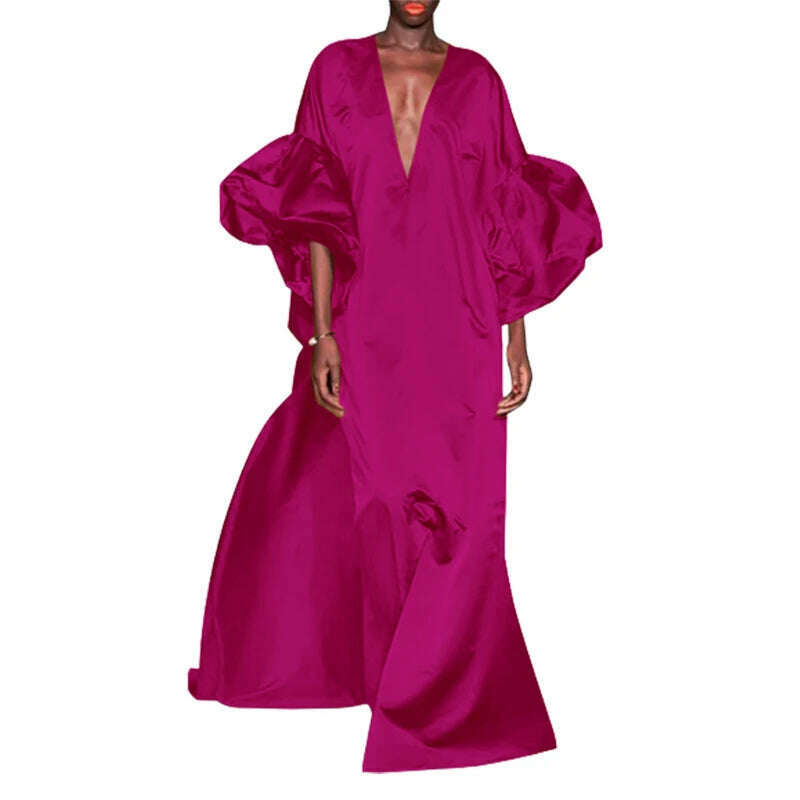 Yeezzi Women Fashion Solid Color Elegant Party Evening Maxi Dresses 2024 Spring Puff Sleeves V-neck Loose Casual Long Dress Robe - KIMLUD