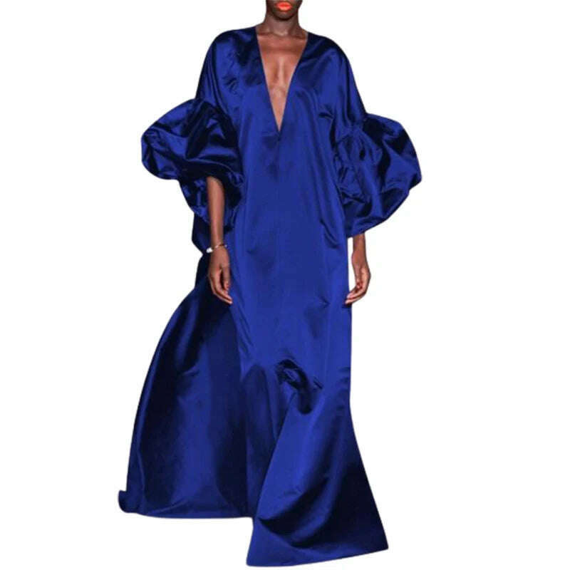 Yeezzi Women Fashion Solid Color Elegant Party Evening Maxi Dresses 2024 Spring Puff Sleeves V-neck Loose Casual Long Dress Robe - KIMLUD