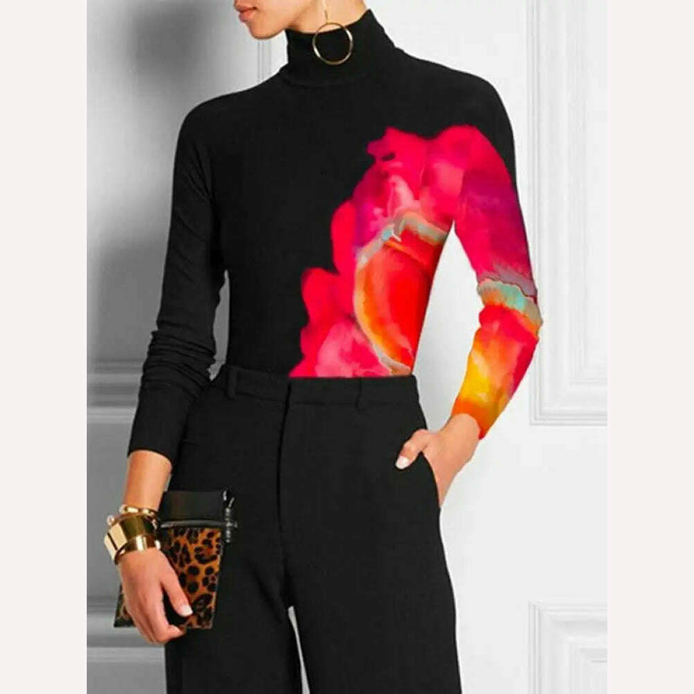 Yeezzi Women Spring Autumn Long Sleeves T-Shirts 2023 New Fashion Contrast Color Printed High Neck Casual Office Skinny Tops - KIMLUD