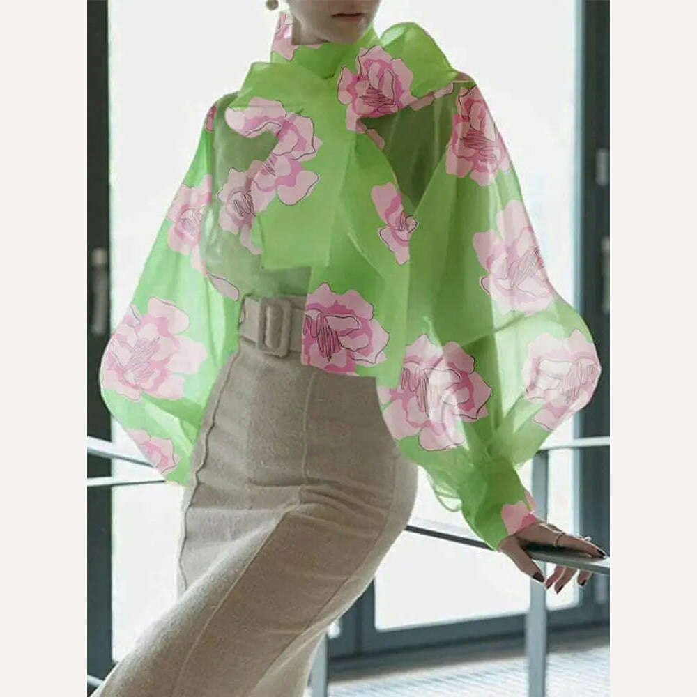 KIMLUD, Yeezzi Women Stylish Bow-Embellished Floral Printed See-Through Stand Collar Blouses 2023 Summer Loose Puff Sleeves Shirts Tops, KIMLUD Womens Clothes