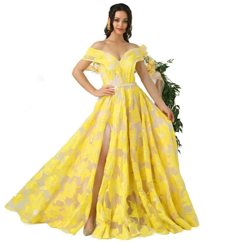 KIMLUD, Yellow Sleeveless Off Shoulder Evening Dresses New Fashion Sexy Flowers Formal Evening Gowns Serene Hill BLA6597, KIMLUD Womens Clothes