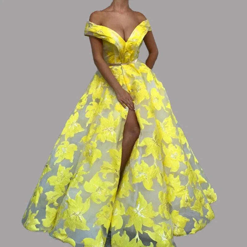 KIMLUD, Yellow Sleeveless Off Shoulder Evening Dresses New Fashion Sexy Flowers Formal Evening Gowns Serene Hill BLA6597, KIMLUD Womens Clothes