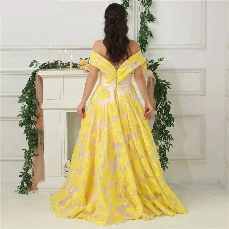 KIMLUD, Yellow Sleeveless Off Shoulder Evening Dresses New Fashion Sexy Flowers Formal Evening Gowns Serene Hill BLA6597, KIMLUD Womens Clothes