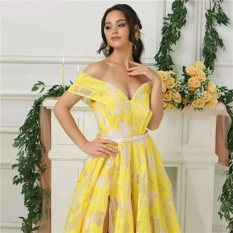 KIMLUD, Yellow Sleeveless Off Shoulder Evening Dresses New Fashion Sexy Flowers Formal Evening Gowns Serene Hill BLA6597, KIMLUD Womens Clothes