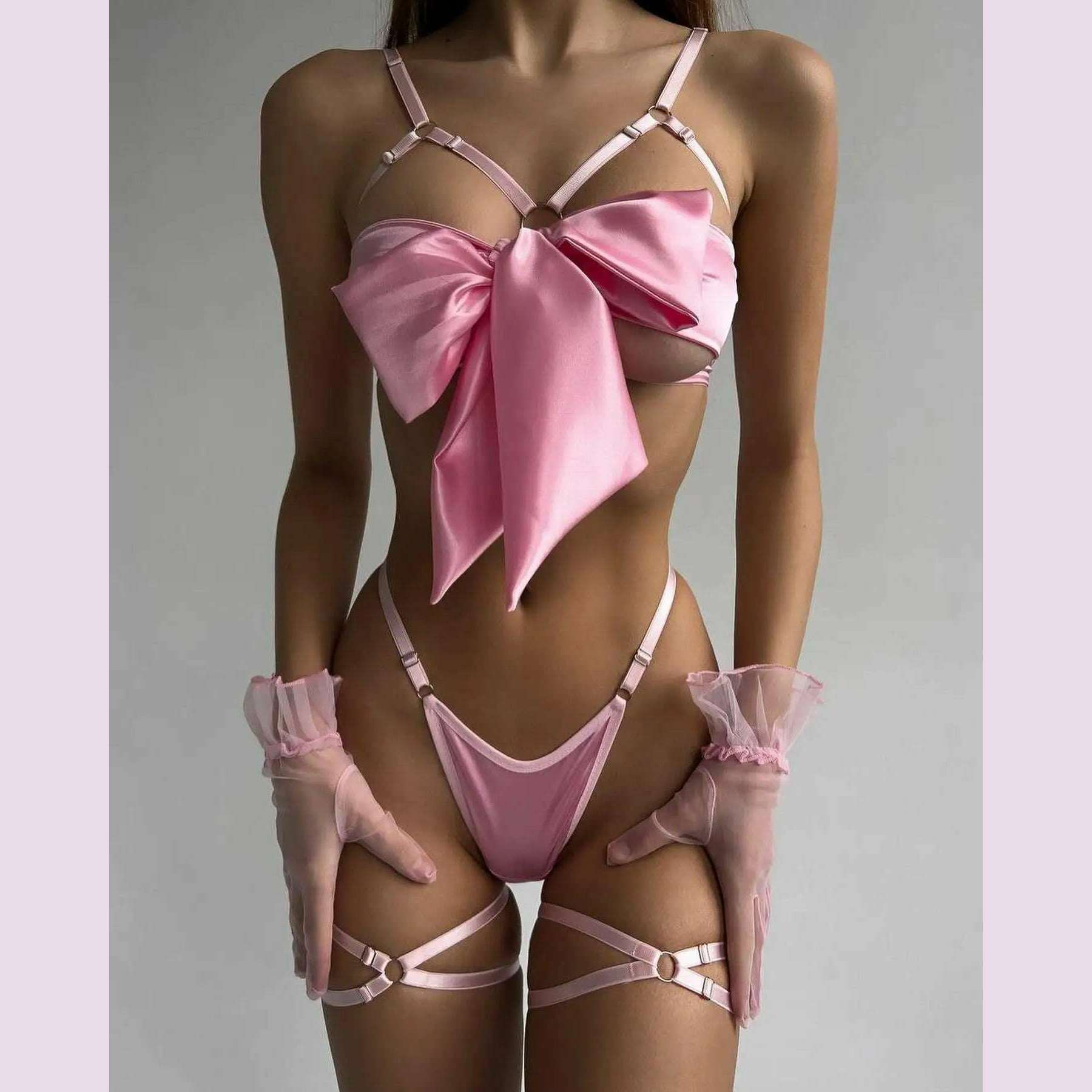 Yimunancy 3-Piece Cut Out Bow Lingerie Set 4 Colors Satin Cute Erotic Set Solid Brief Underwear Set Nightwear - KIMLUD