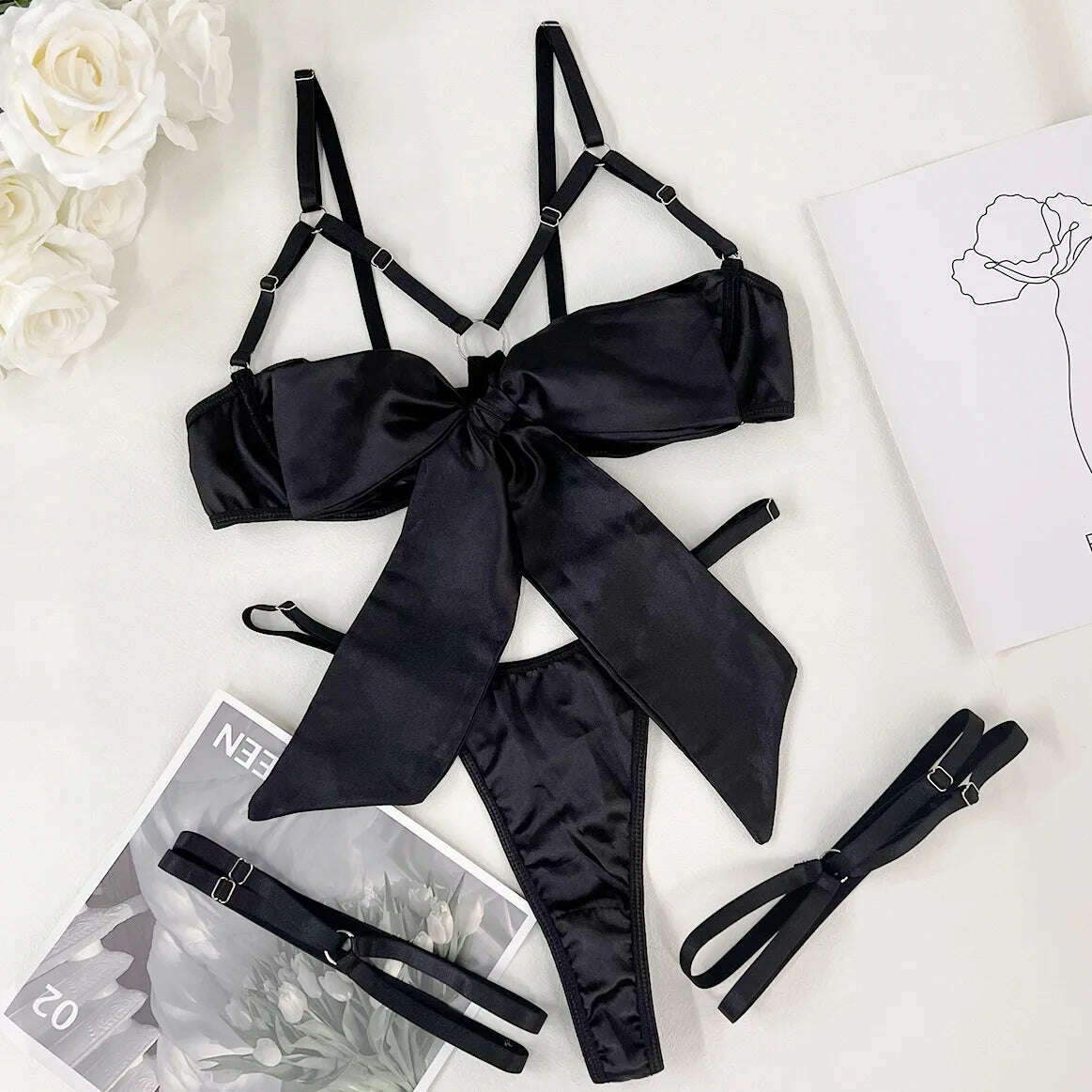 Yimunancy 3-Piece Cut Out Bow Lingerie Set 4 Colors Satin Cute Erotic Set Solid Brief Underwear Set Nightwear - KIMLUD