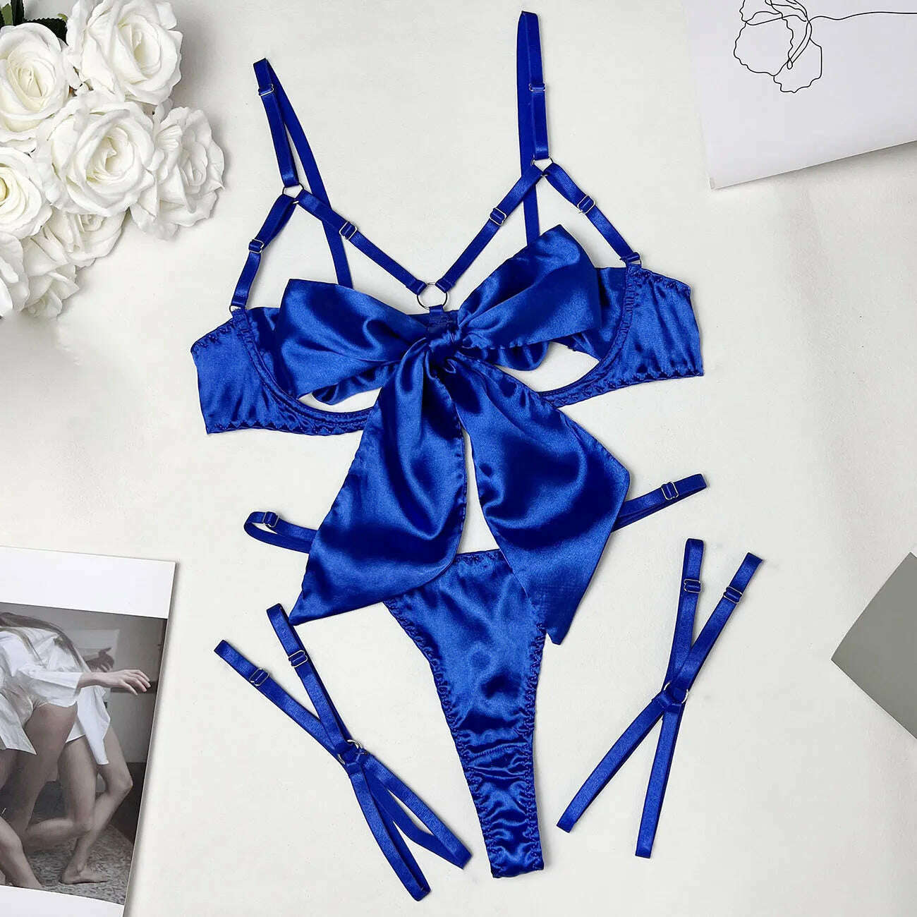 Yimunancy 3-Piece Cut Out Bow Lingerie Set 4 Colors Satin Cute Erotic Set Solid Brief Underwear Set Nightwear - KIMLUD