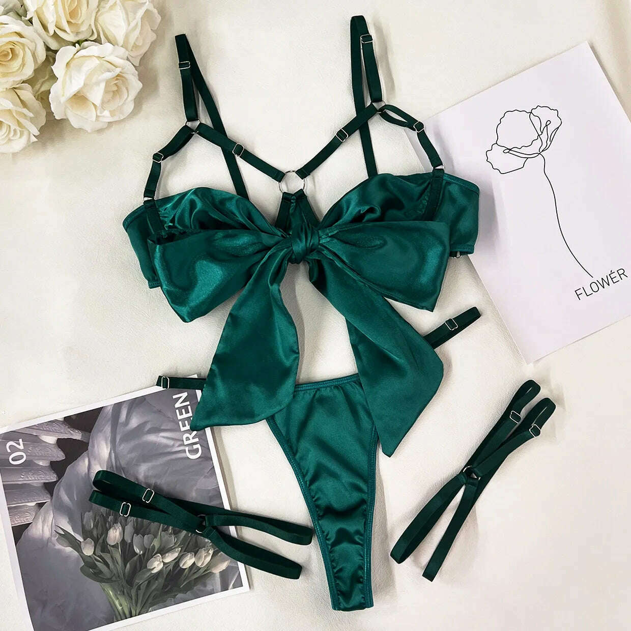 Yimunancy 3-Piece Cut Out Bow Lingerie Set 4 Colors Satin Cute Erotic Set Solid Brief Underwear Set Nightwear - KIMLUD