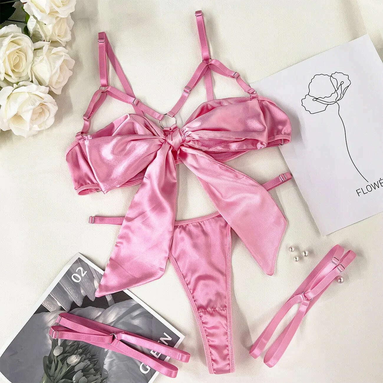 Yimunancy 3-Piece Cut Out Bow Lingerie Set 4 Colors Satin Cute Erotic Set Solid Brief Underwear Set Nightwear - KIMLUD