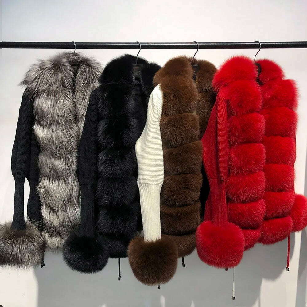 YOLOAgain Autumn Elegant Slim Black Sweater Real Fox Fur Cardigan Women Outerwear - KIMLUD