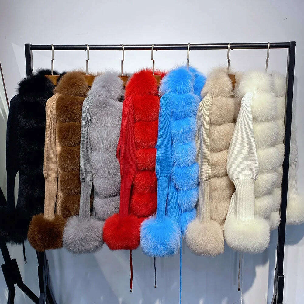 YOLOAgain Autumn Elegant Slim Black Sweater Real Fox Fur Cardigan Women Outerwear - KIMLUD