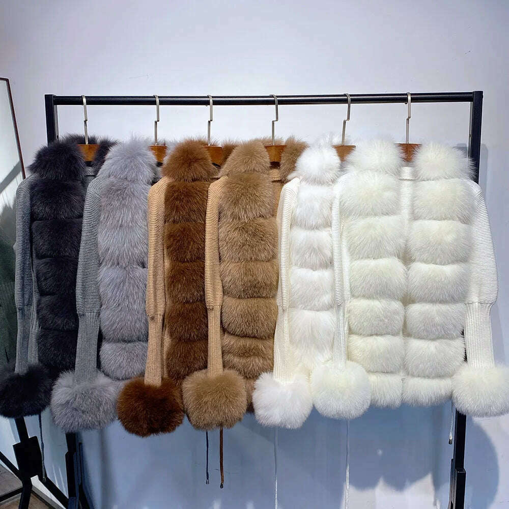 YOLOAgain Autumn Elegant Slim Black Sweater Real Fox Fur Cardigan Women Outerwear - KIMLUD