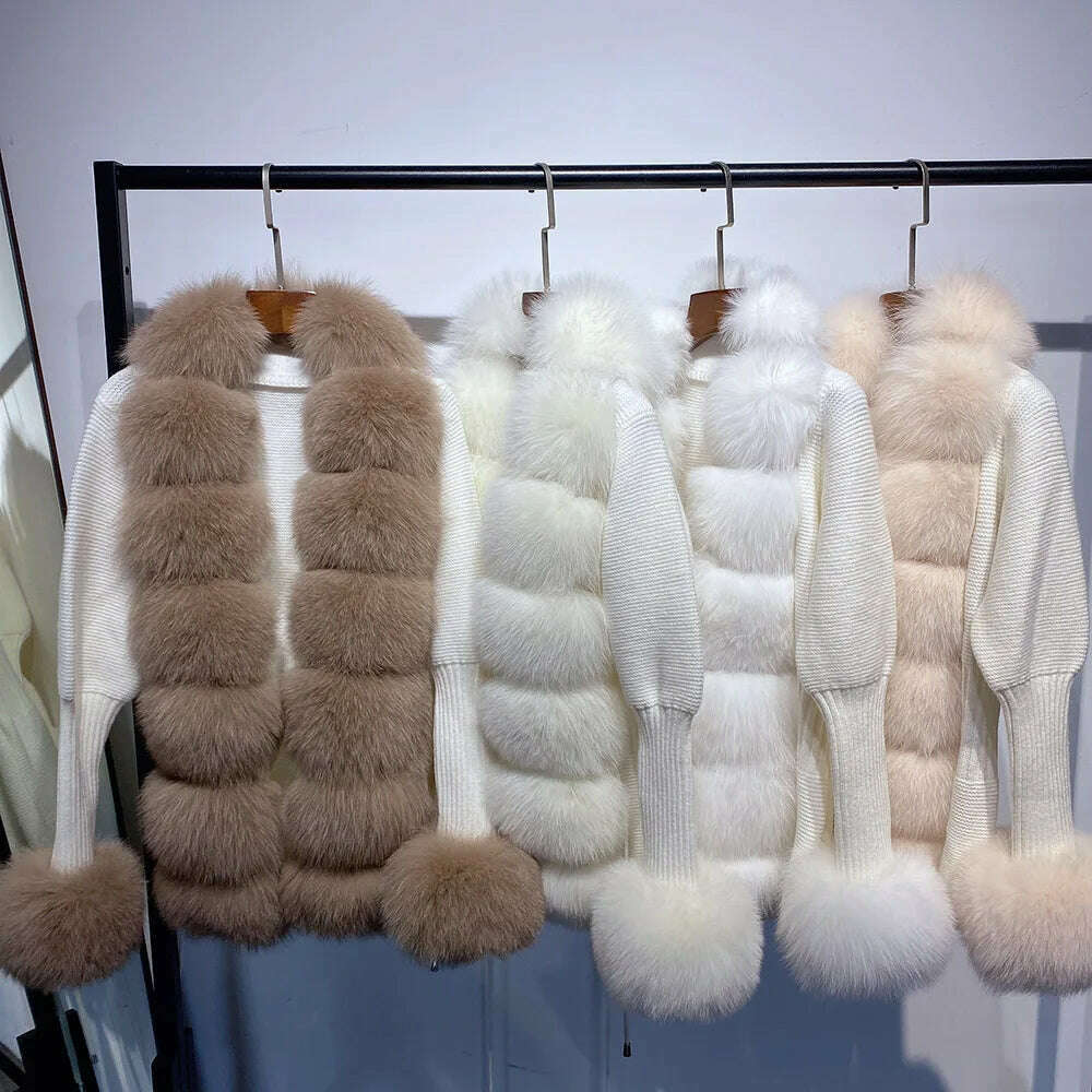 YOLOAgain Autumn Elegant Slim Black Sweater Real Fox Fur Cardigan Women Outerwear - KIMLUD