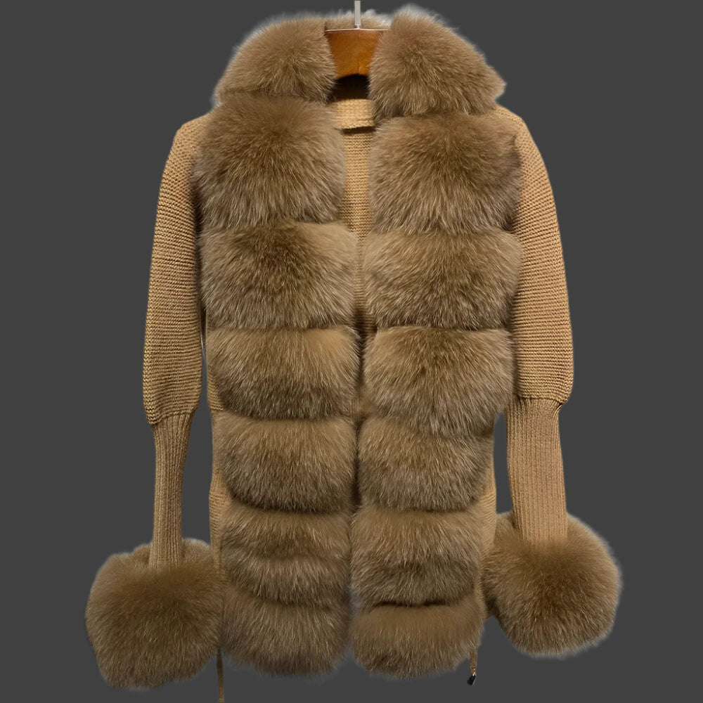 YOLOAgain Autumn Elegant Slim Black Sweater Real Fox Fur Cardigan Women Outerwear - KIMLUD