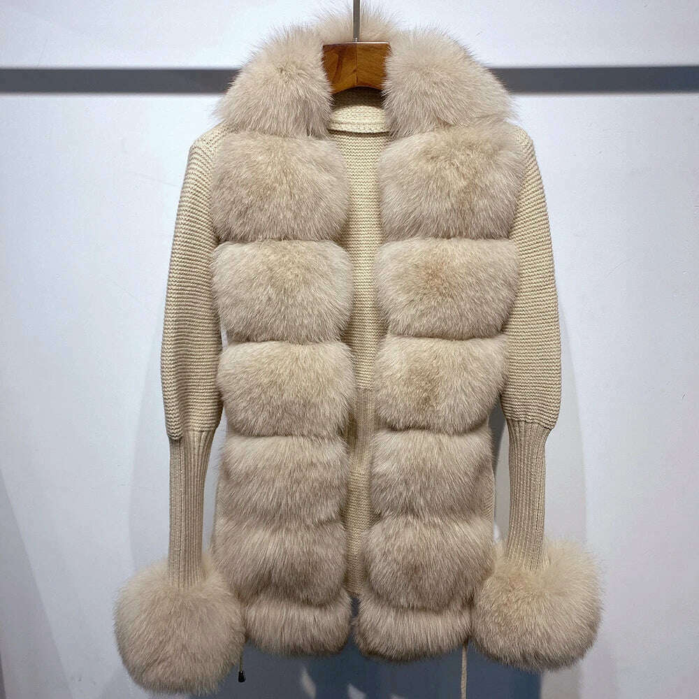 YOLOAgain Autumn Elegant Slim Black Sweater Real Fox Fur Cardigan Women Outerwear - KIMLUD