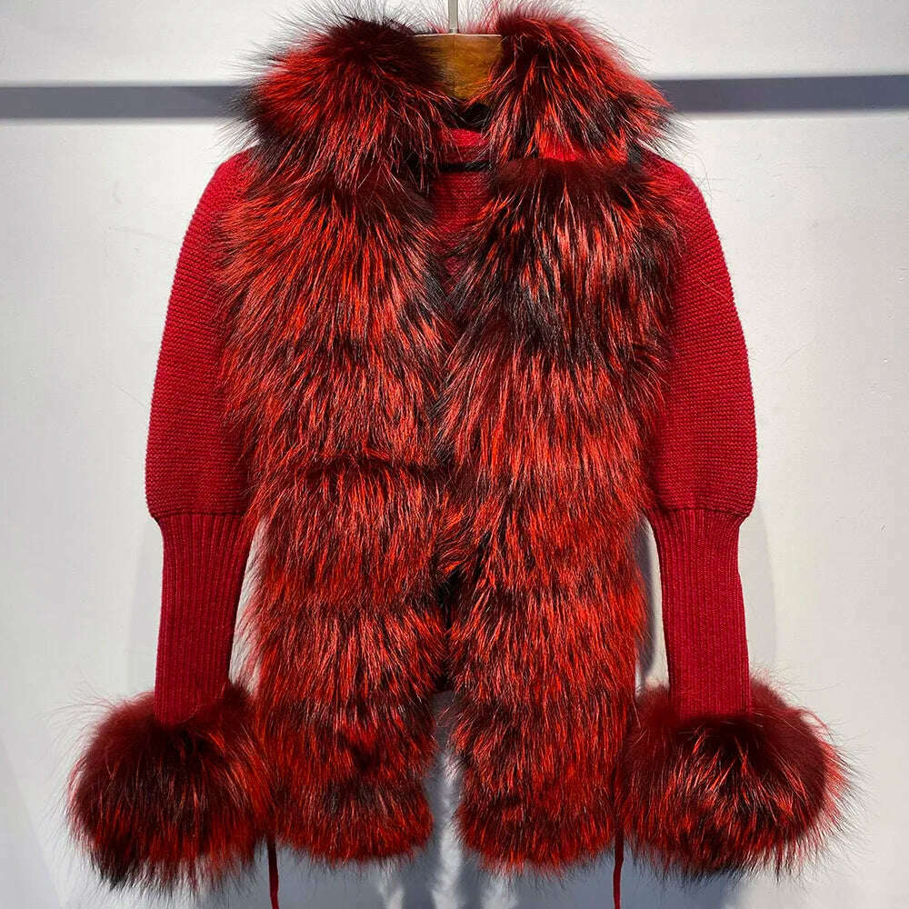 YOLOAgain Autumn Elegant Slim Black Sweater Real Fox Fur Cardigan Women Outerwear - KIMLUD