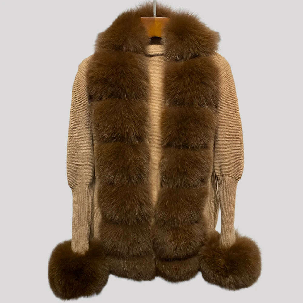 YOLOAgain Autumn Elegant Slim Black Sweater Real Fox Fur Cardigan Women Outerwear - KIMLUD